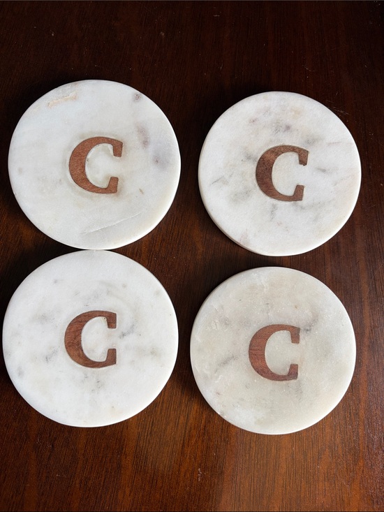 Pottery Barn Other - Pottery Barn Monogram Coasters Handcrafted Marble & Acacia Wood Letter C Initial